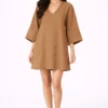 Elegant Coffee Brown V-Neck Mini Dress