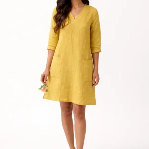Elegant Mustard Yellow V-Neck Pocket Dress